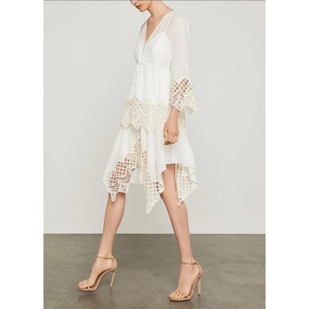 BCBGMAXAZRIA White Scalloped Embroidery Handkerchief Hem Silk Blend Skirt Small